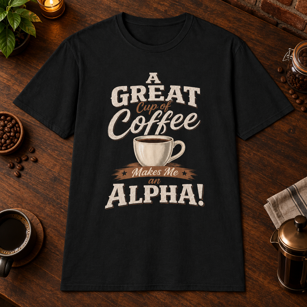 A Great Cup of Coffee T-Shirt in Black, overhead coffee-bar flat-lay mockup