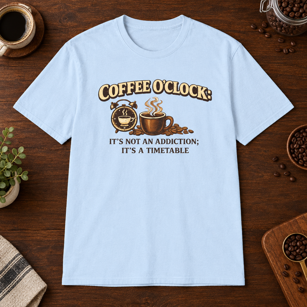 Coffee O'Clock T-Shirt Light Blue short-sleeve coffee-bar flat lay