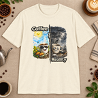 Coffee vs Reality T-Shirt in Heather Military Green, zoomed lifestyle mockup