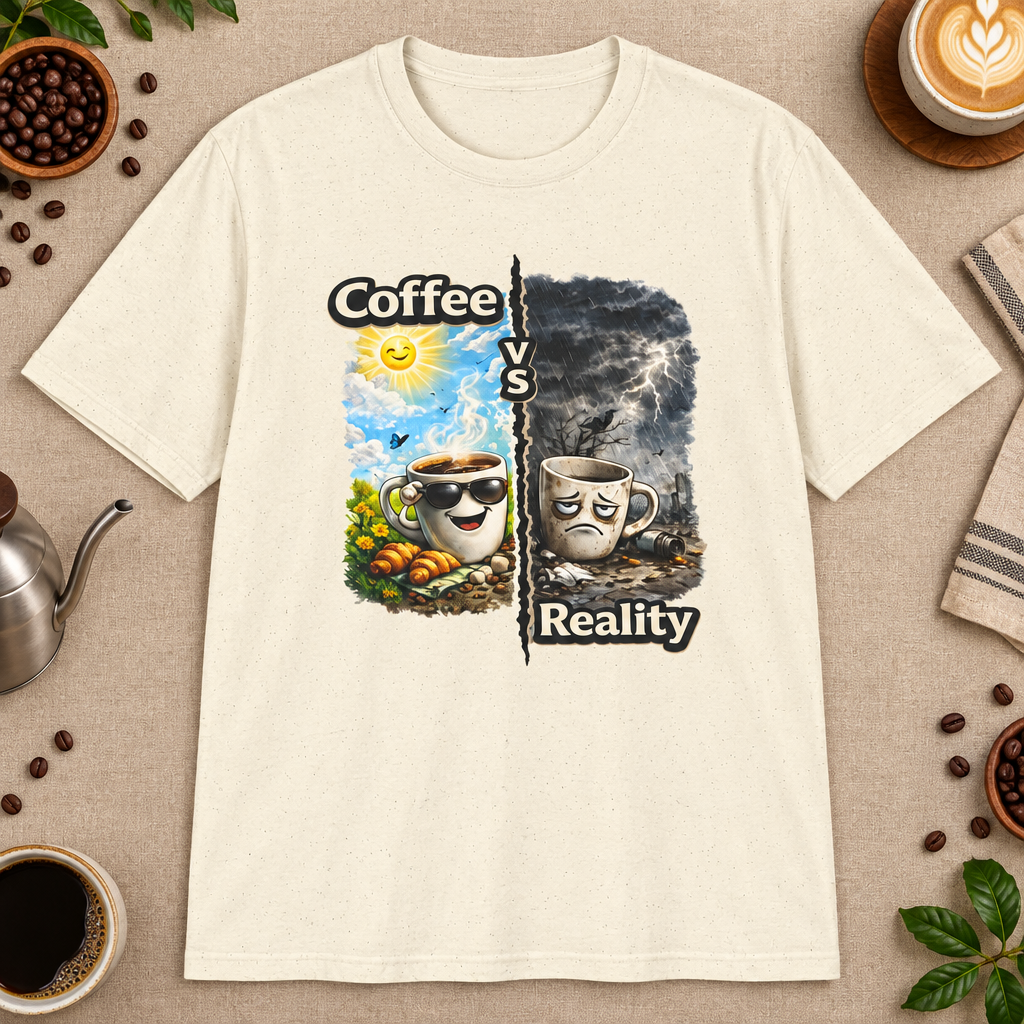 Coffee vs Reality T-Shirt in Heather Military Green, zoomed lifestyle mockup
