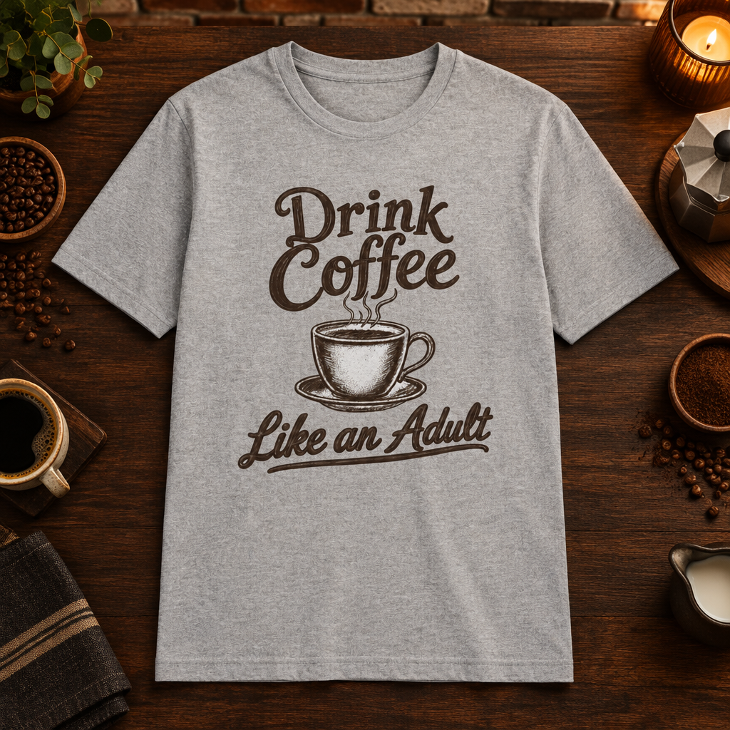 Drink Coffee Like an Adult T-Shirt in Sport Grey, coffee bar flat lay mockup