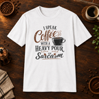 I Speak Coffee T-Shirt in White, coffee bar flat lay mockup