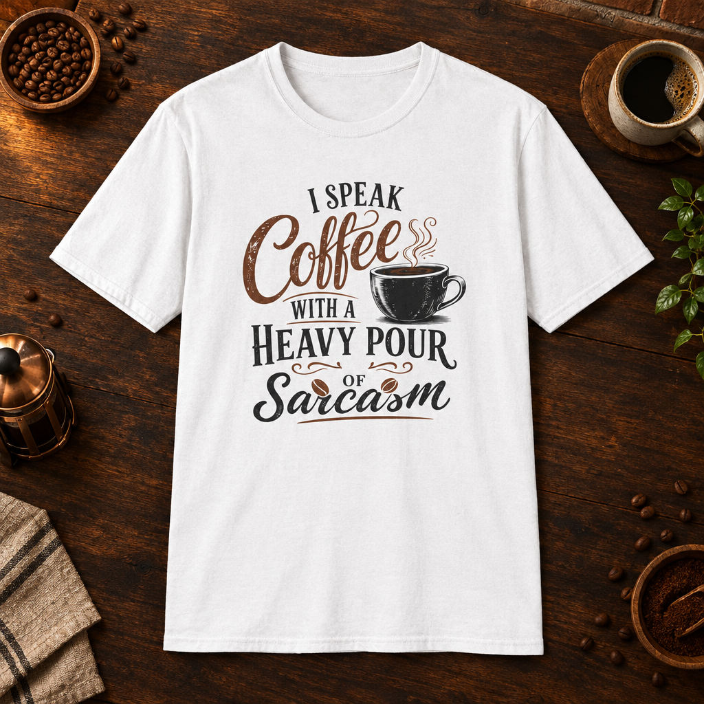 I Speak Coffee T-Shirt in White, coffee bar flat lay mockup