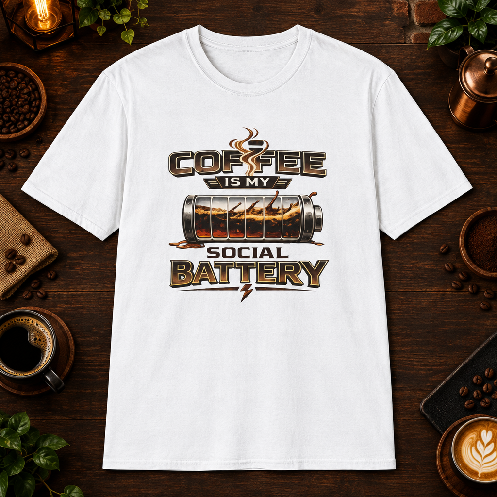 Coffee is My Social Battery T-Shirt in White, zoomed lifestyle mockup