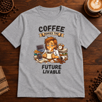 Coffee Makes the Woman T-Shirt in Sport Grey on a dark wood coffee bar