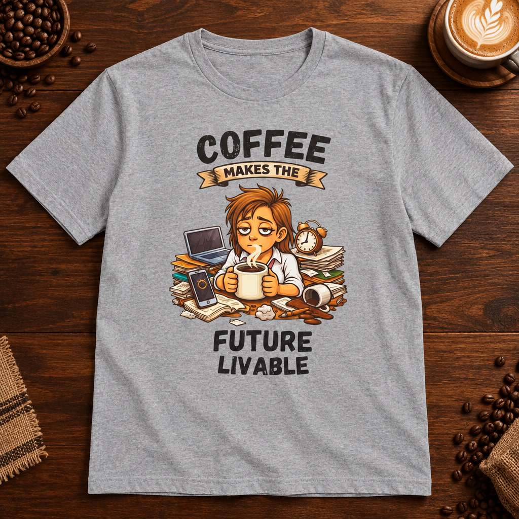Coffee Makes the Woman T-Shirt in Sport Grey on a dark wood coffee bar