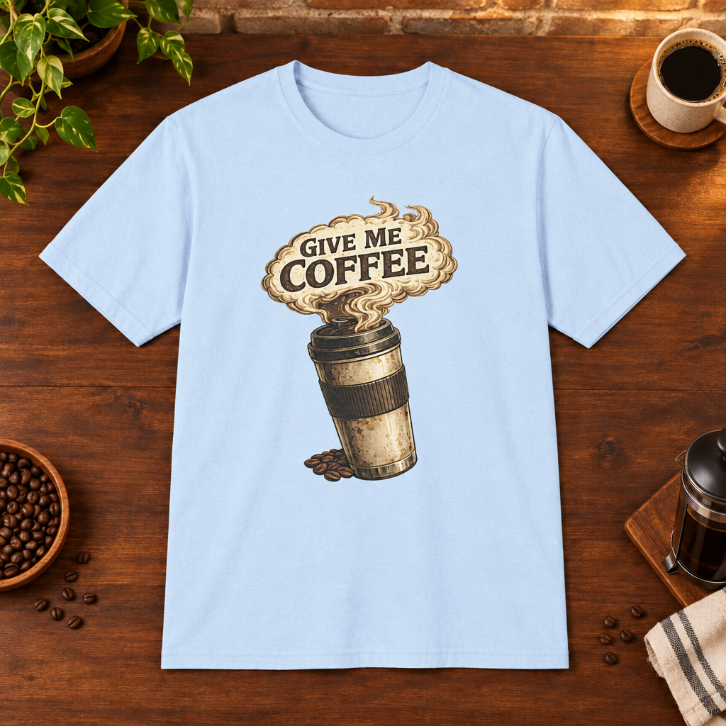 Give Me Coffee T-Shirt Light Blue coffee-bar flat lay, consistent framing