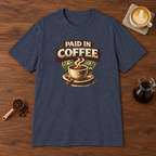 Paid in Coffee T-Shirt Heather Navy coffee bar mockup