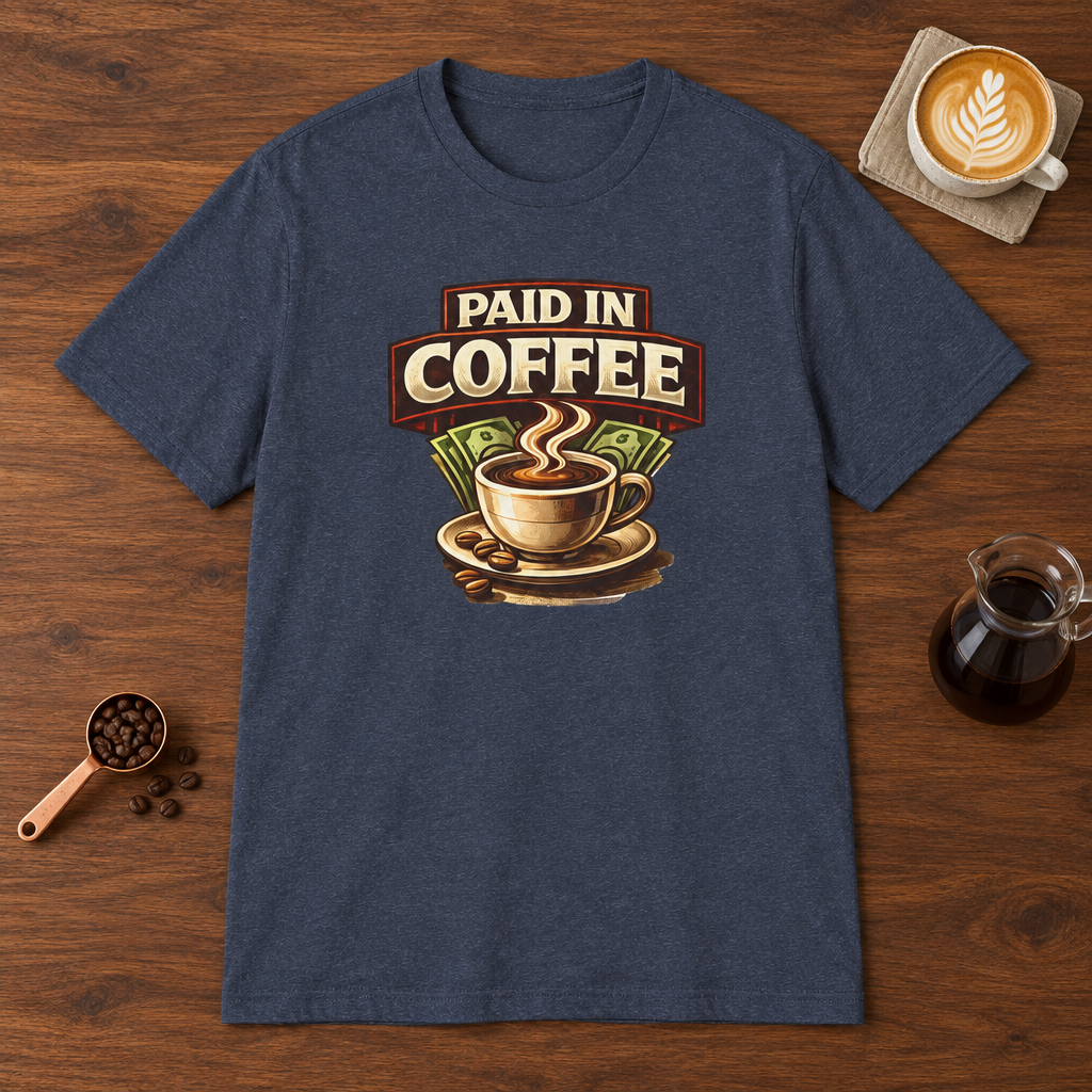 Paid in Coffee T-Shirt Heather Navy coffee bar mockup