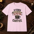 A Yawn for a Coffee Cup T-Shirt in Light Pink, coffee bar flat lay mockup