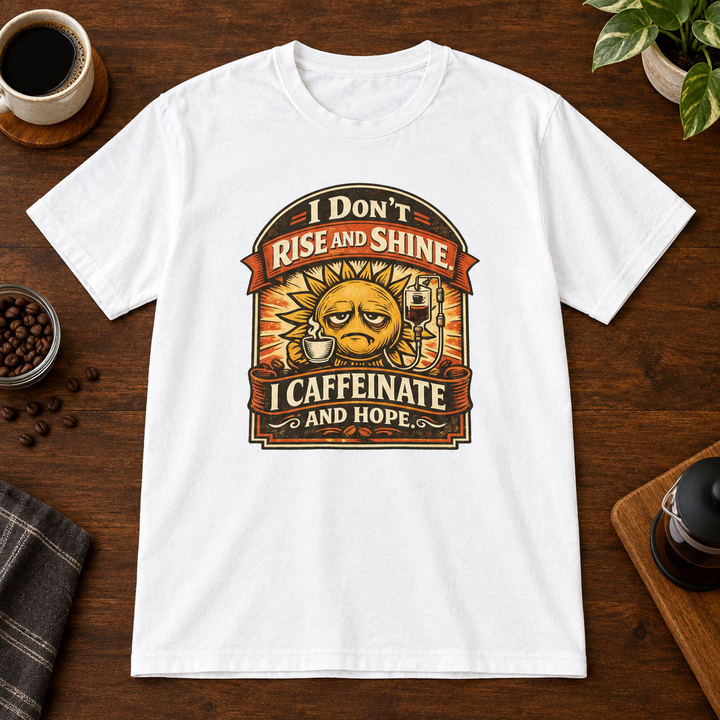 I Don't Rise and Shine T-Shirt White short-sleeve coffee-bar flat lay
