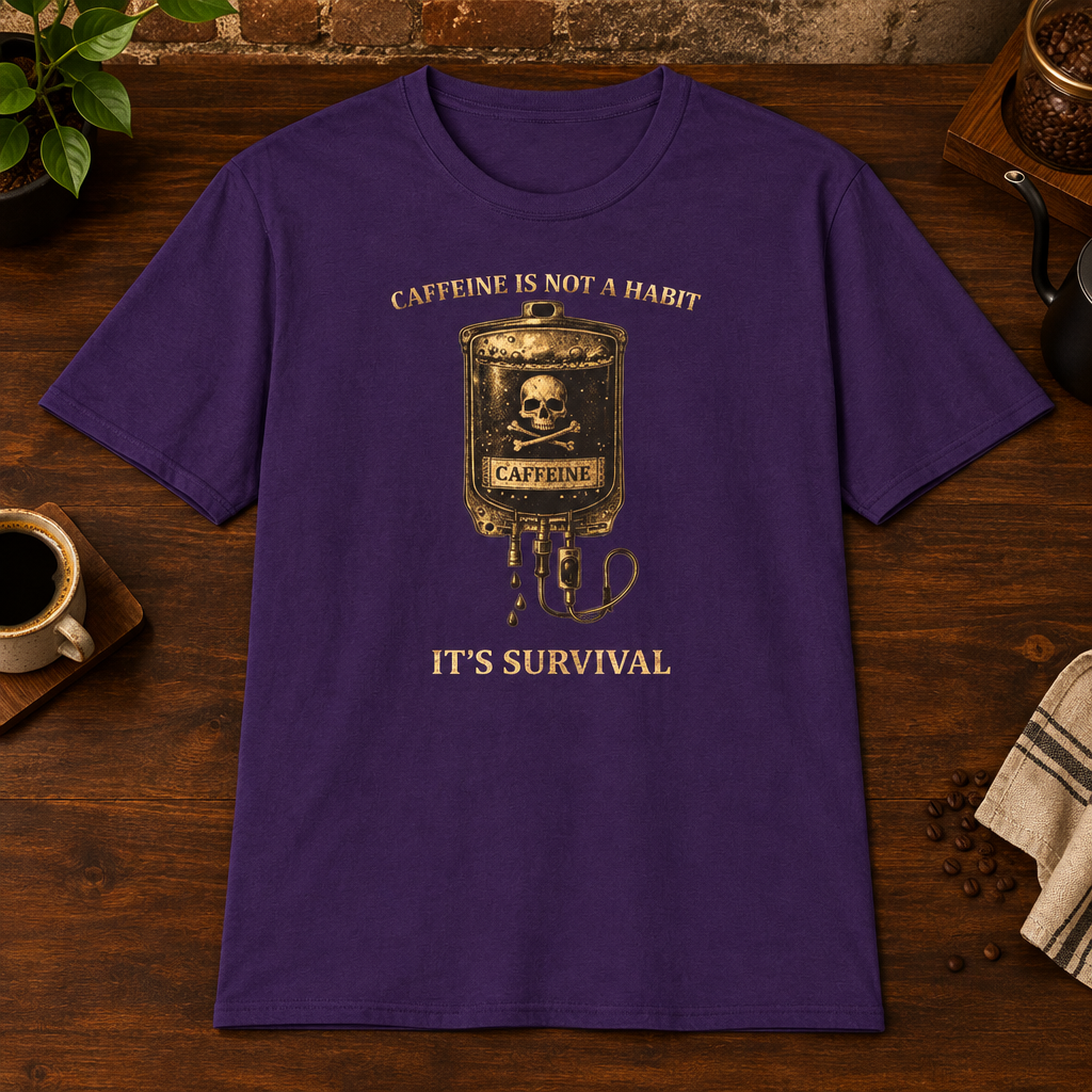 Caffeine Is Not A Habit T-Shirt Purple close-fill short-sleeve dark-ish coffee-bar flat lay
