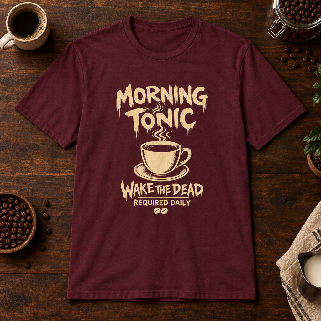Morning Tonic T-Shirt Maroon coffee-bar flat lay