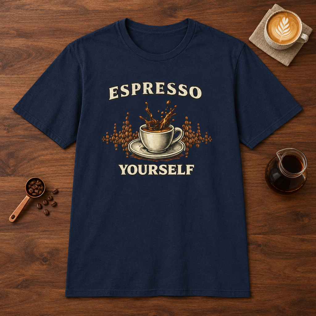 Espresso Yourself T-Shirt Navy coffee bar mockup