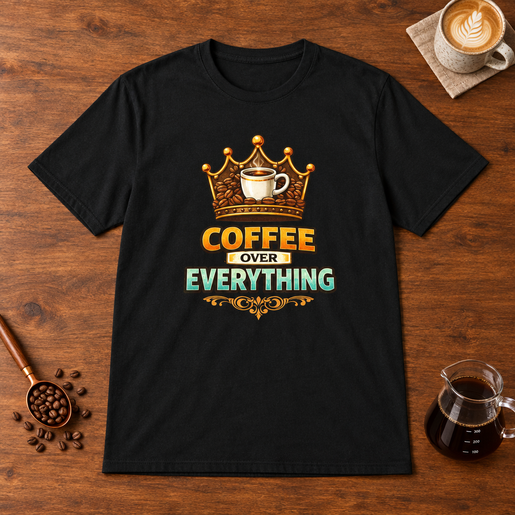 Coffee Over Everything T-Shirt Black flat lay on walnut coffee bar