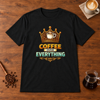 Coffee Over Everything T-Shirt Black flat lay on walnut coffee bar