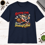 Running Late Drinking Coffee T-Shirt in Natural, zoomed lifestyle mockup