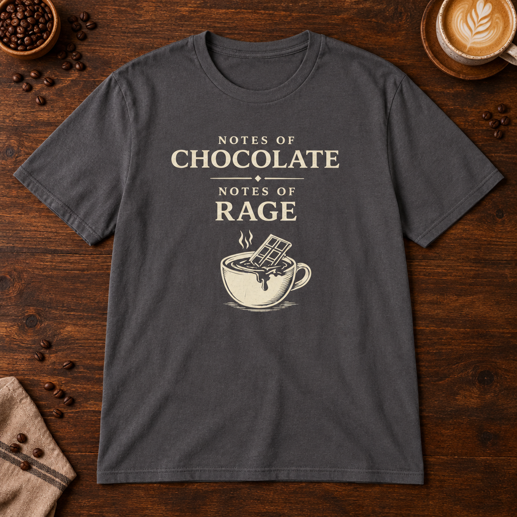 Notes of Rage T-Shirt in Charcoal on a dark wood coffee bar