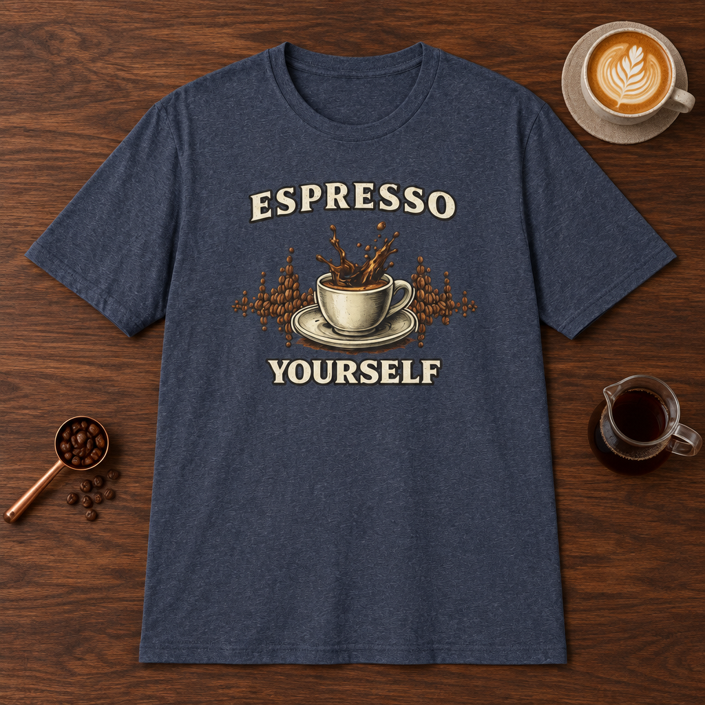 Espresso Yourself T-Shirt Heather Navy coffee bar mockup