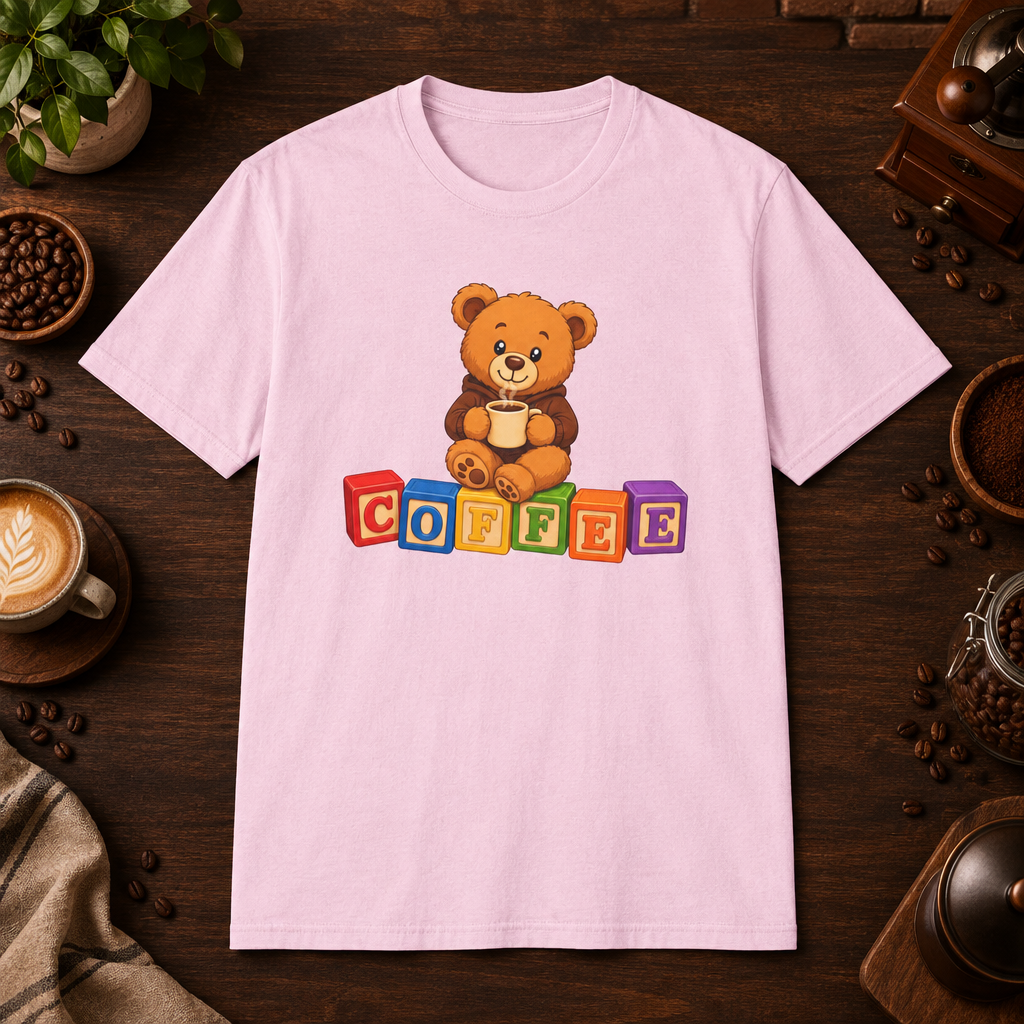 Teddy Bear T-Shirt in Light Pink, coffee bar flat lay mockup