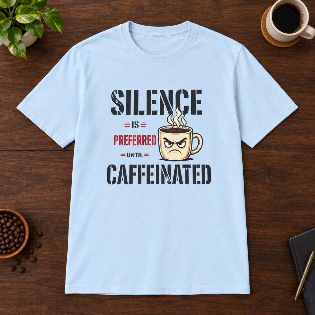 Silence is Preferred T-Shirt Light Blue short-sleeve coffee-bar flat lay