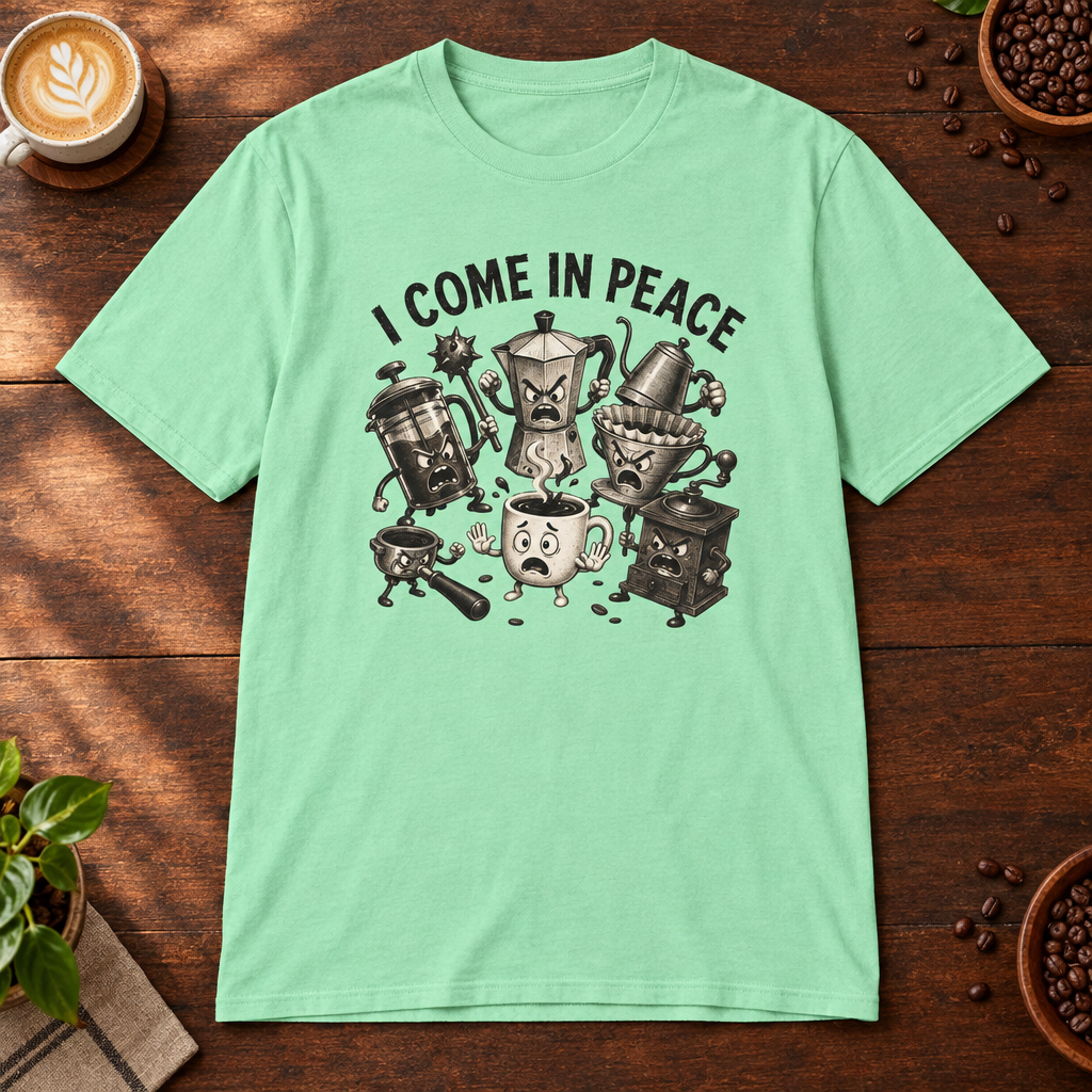 I Come in Peace T-Shirt Mint Green on warm coffee bar