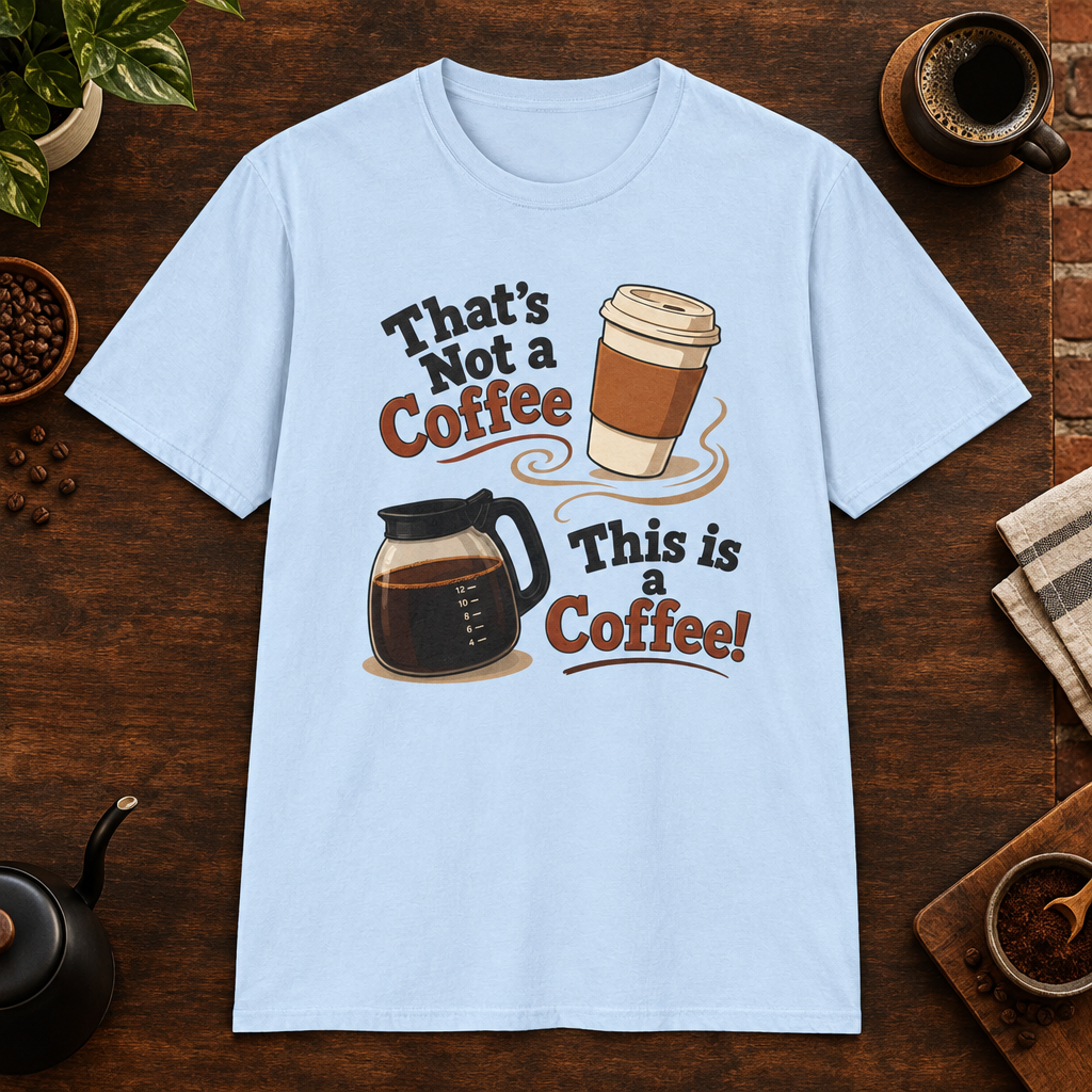 That’s Not a Coffee T-Shirt in Light Blue, overhead coffee-bar flat-lay mockup
