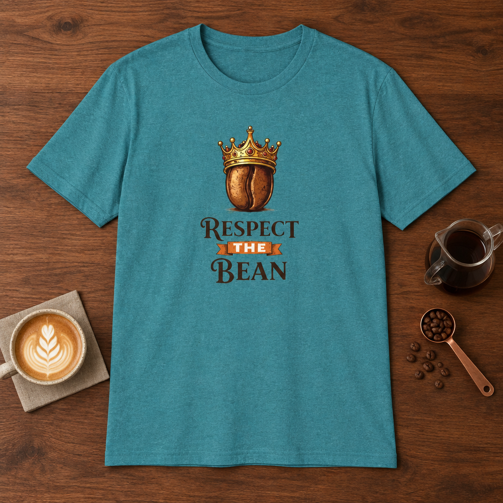 Respect the Bean T-Shirt Heather Galapagos Blue coffee bar mockup