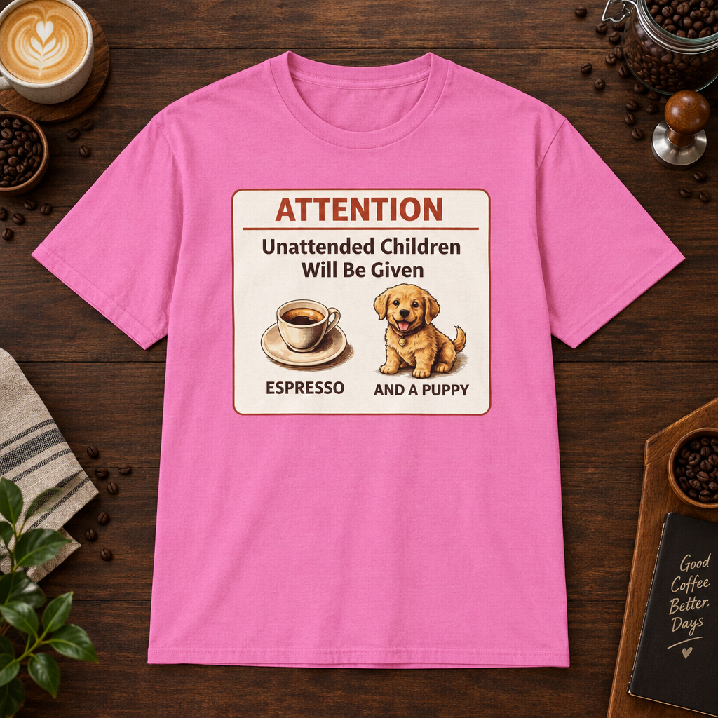 Espresso and Puppies T-Shirt Azalea short-sleeve coffee-bar flat lay