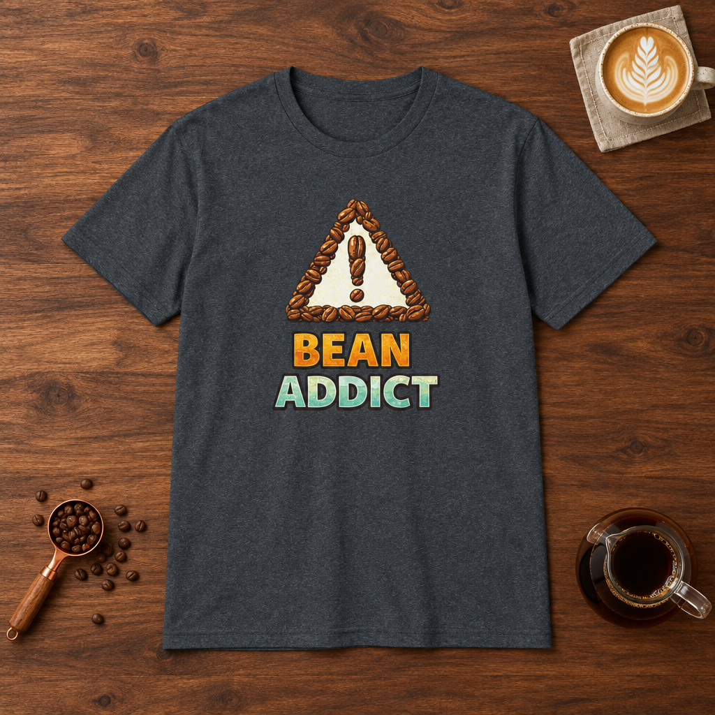 Bean Addict T-Shirt Dark Heather Grey flat lay on walnut coffee bar