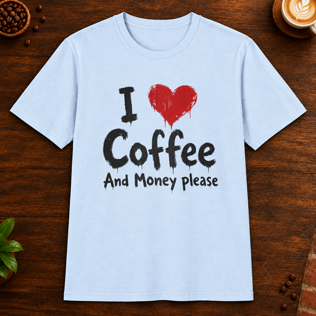 I Love Coffee T-Shirt in Light Blue on a dark wood coffee bar