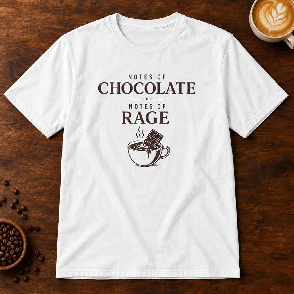 Notes of Rage T-Shirt in White on a dark wood coffee bar