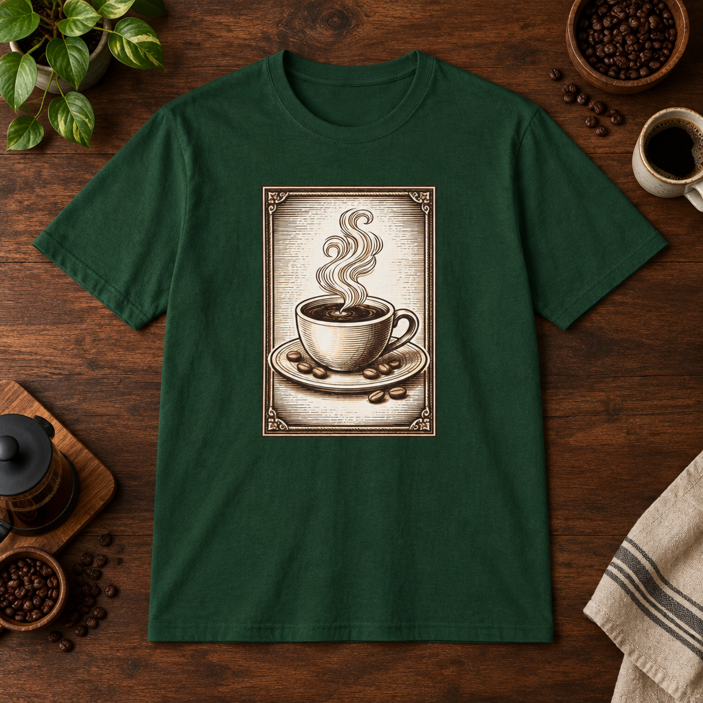 Coffee Woodcut T-Shirt Forest Green short-sleeve coffee-bar flat lay