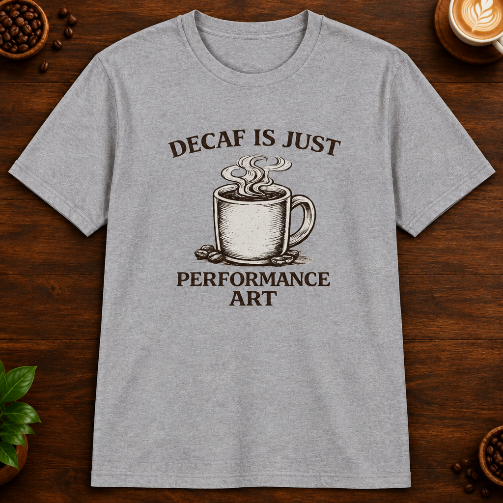 Decaf is Just Performance Art T-Shirt in Sport Grey, close-up on dark wood coffee bar