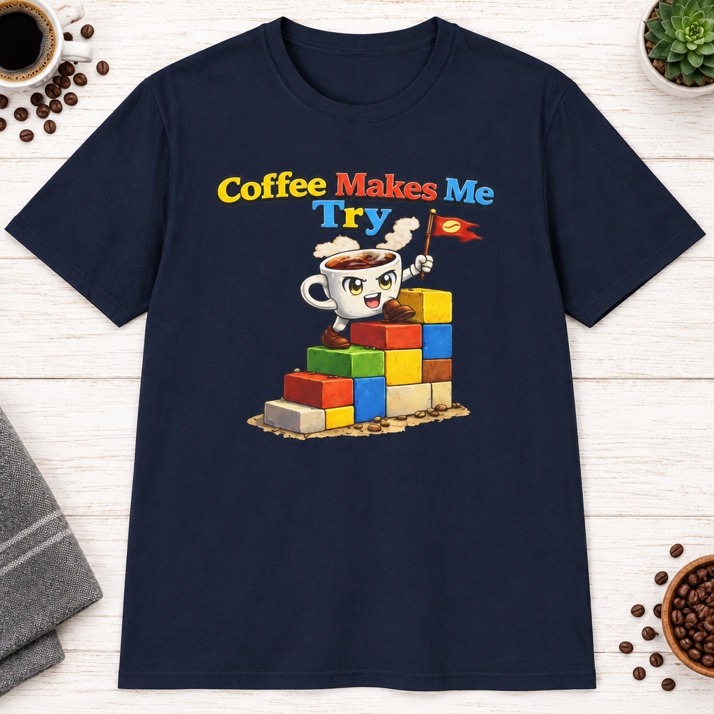Coffee Makes Me Try 2 T-Shirt in White, zoomed lifestyle mockup