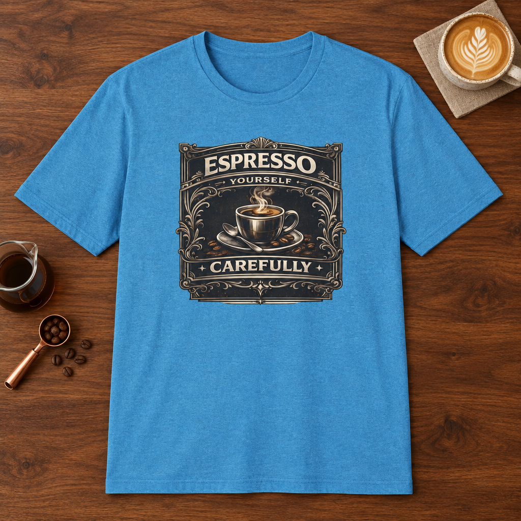 Espresso Yourself Carefully T-Shirt Heather Sapphire coffee bar mockup