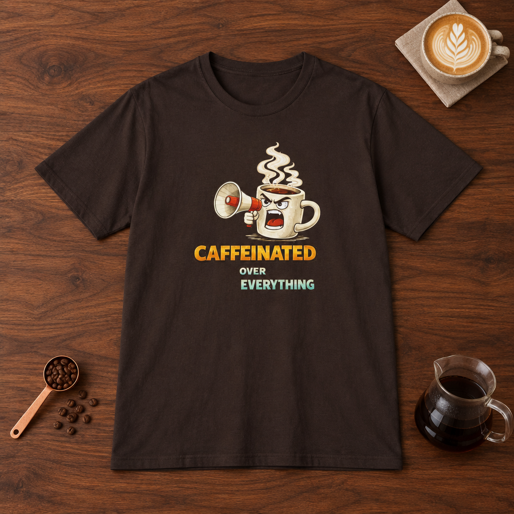 Caffeinated Over Everything T-Shirt Dark Chocolate flat lay on walnut coffee bar
