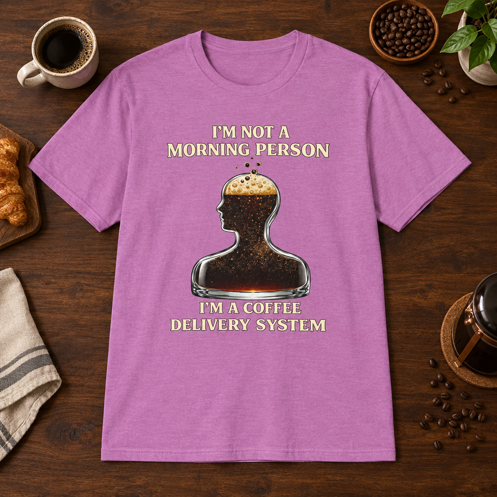 Not a Morning Person T-Shirt Heather Radiant Orchid short-sleeve coffee-bar flat lay