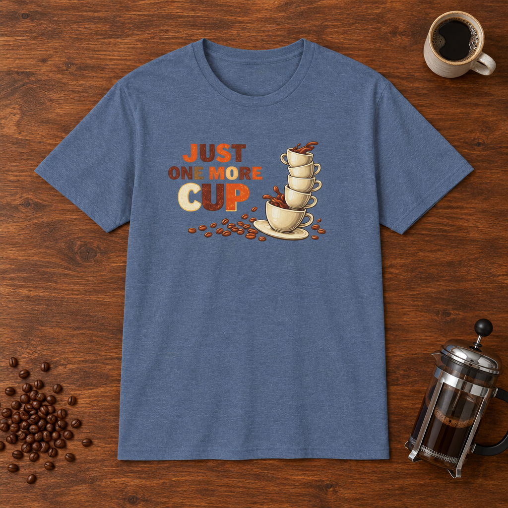 Just One More Cup T-Shirt Heather Indigo coffee-bar flat lay
