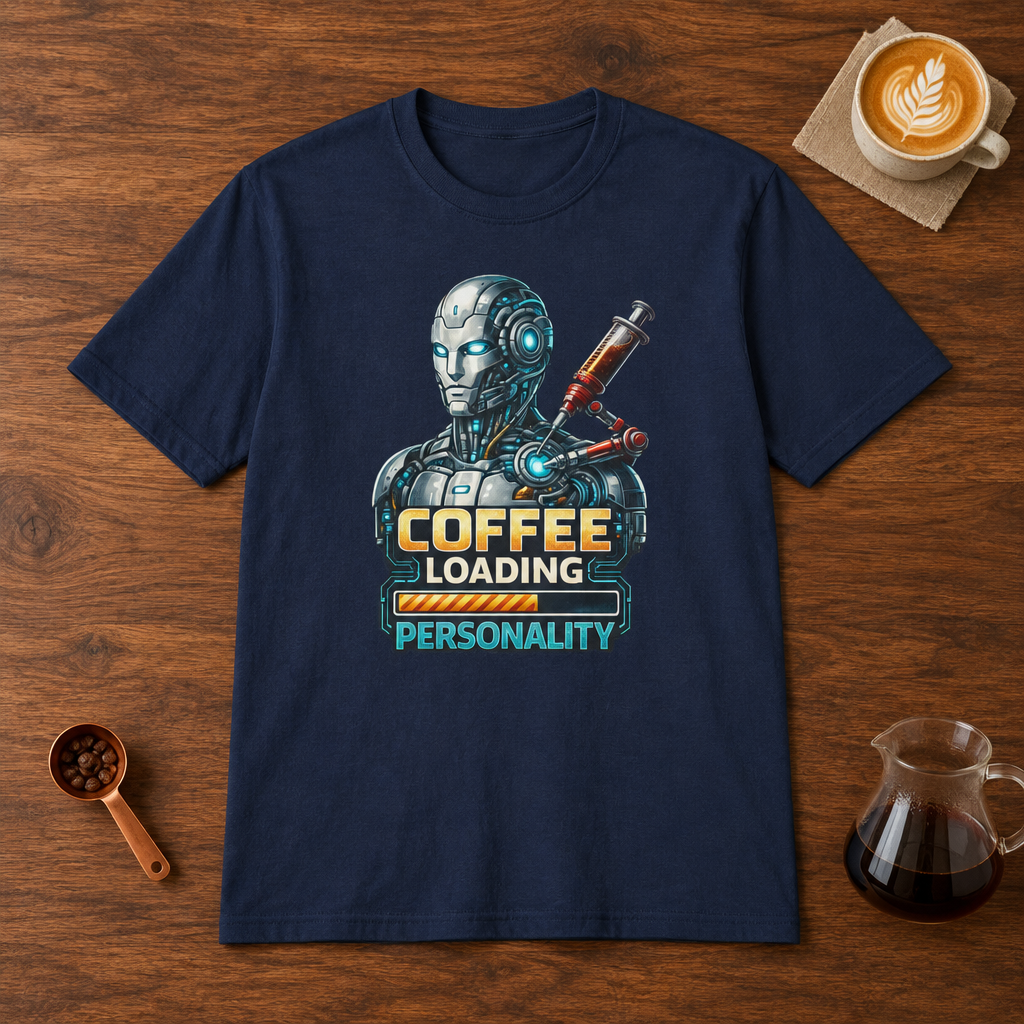 Coffee Loading Personality T-Shirt Navy flat lay on walnut coffee bar