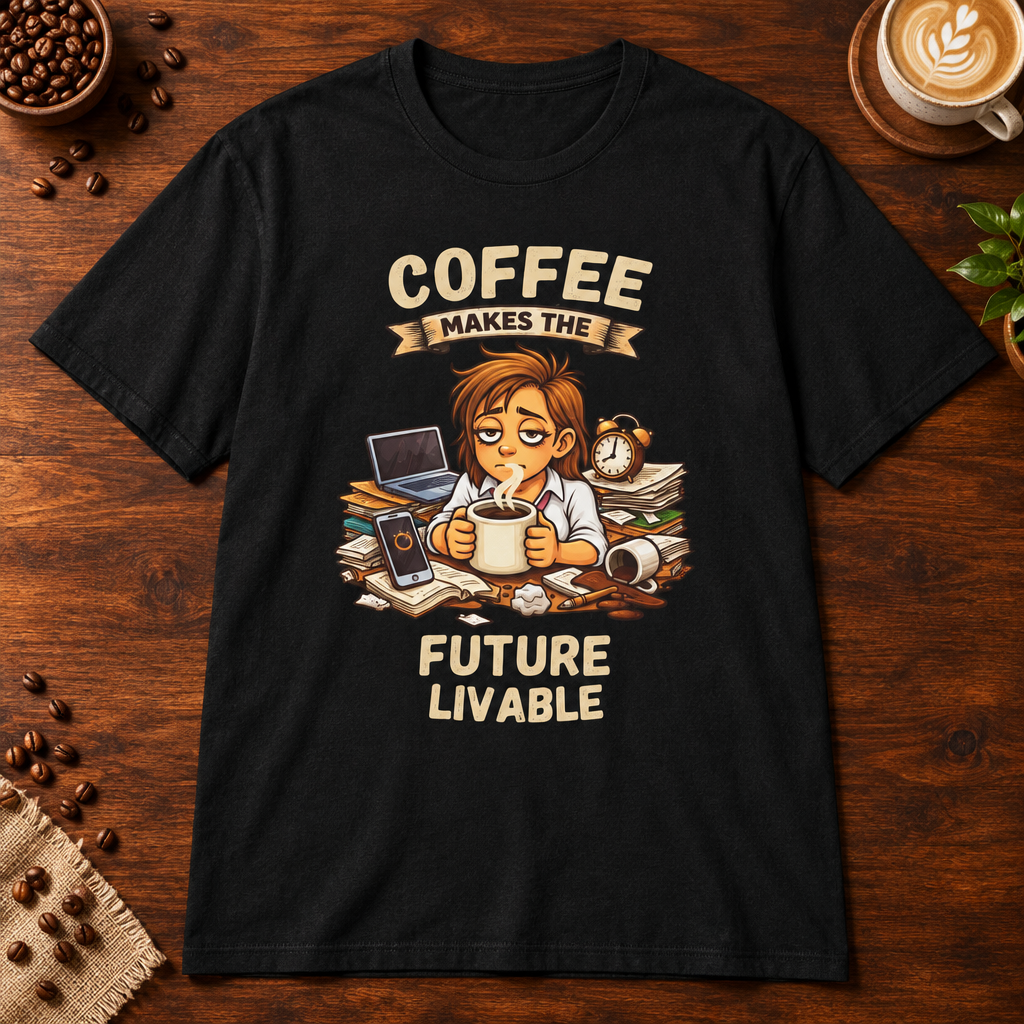 Coffee Makes the Woman T-Shirt in Black on a dark wood coffee bar