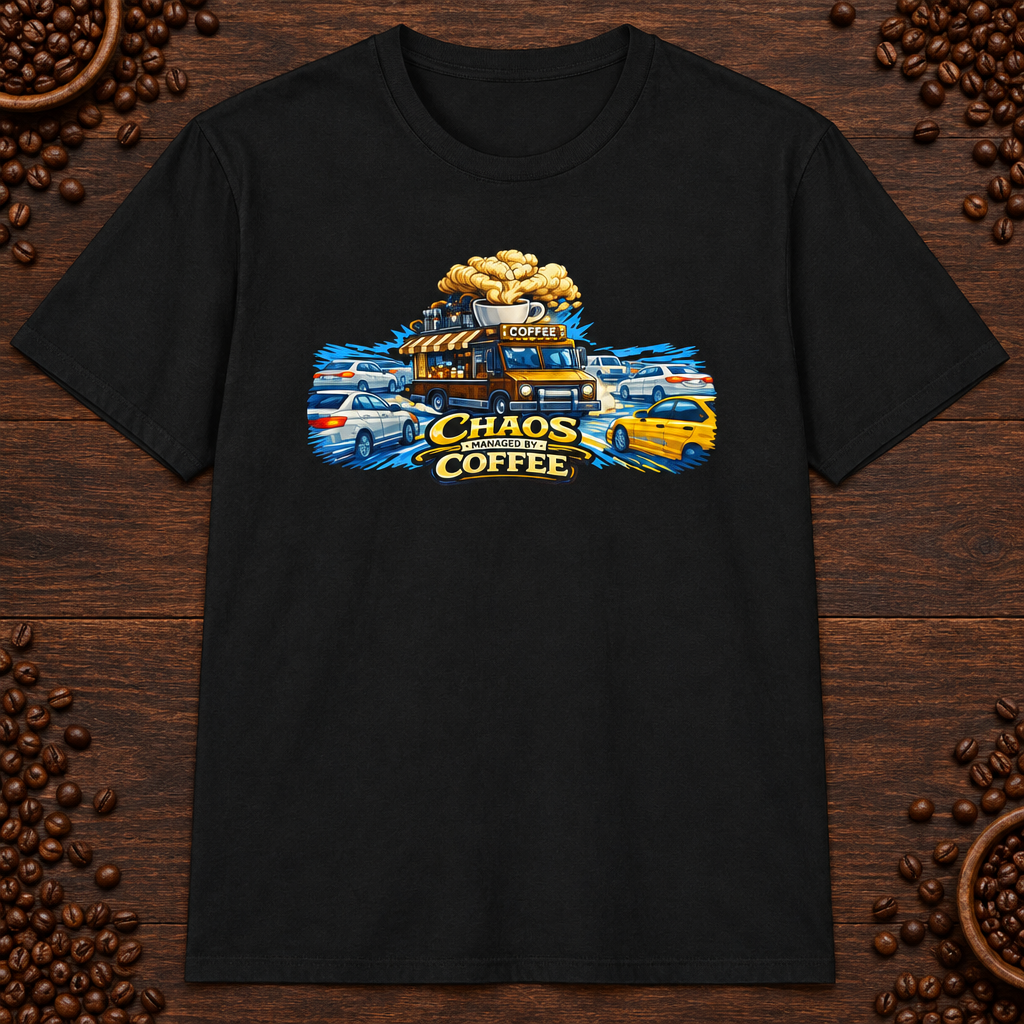 Chaos Managed by Coffee 2 T-Shirt in Navy, zoomed lifestyle mockup