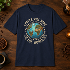 Coffee Will Save The World T-Shirt in Navy, overhead coffee-bar flat-lay mockup