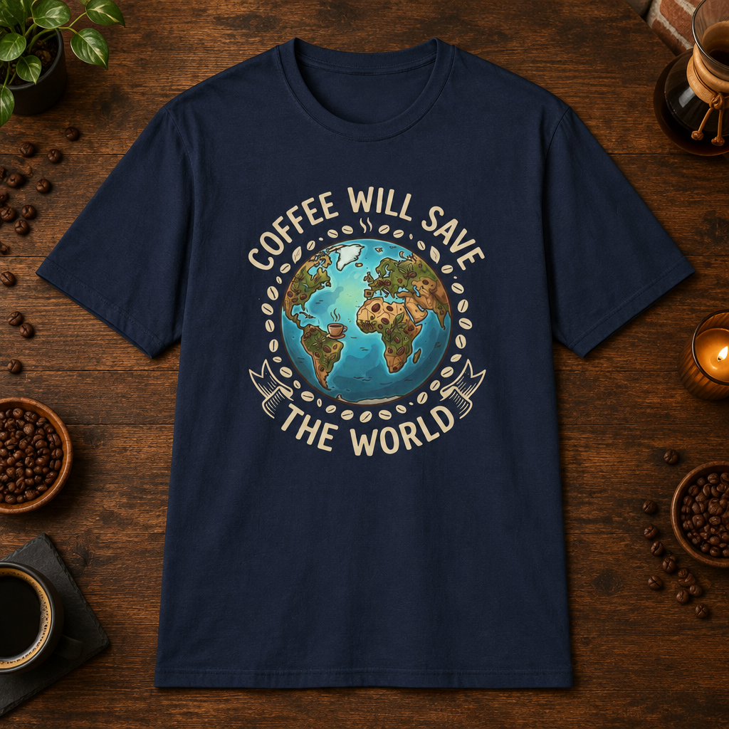 Coffee Will Save The World T-Shirt in Navy, overhead coffee-bar flat-lay mockup