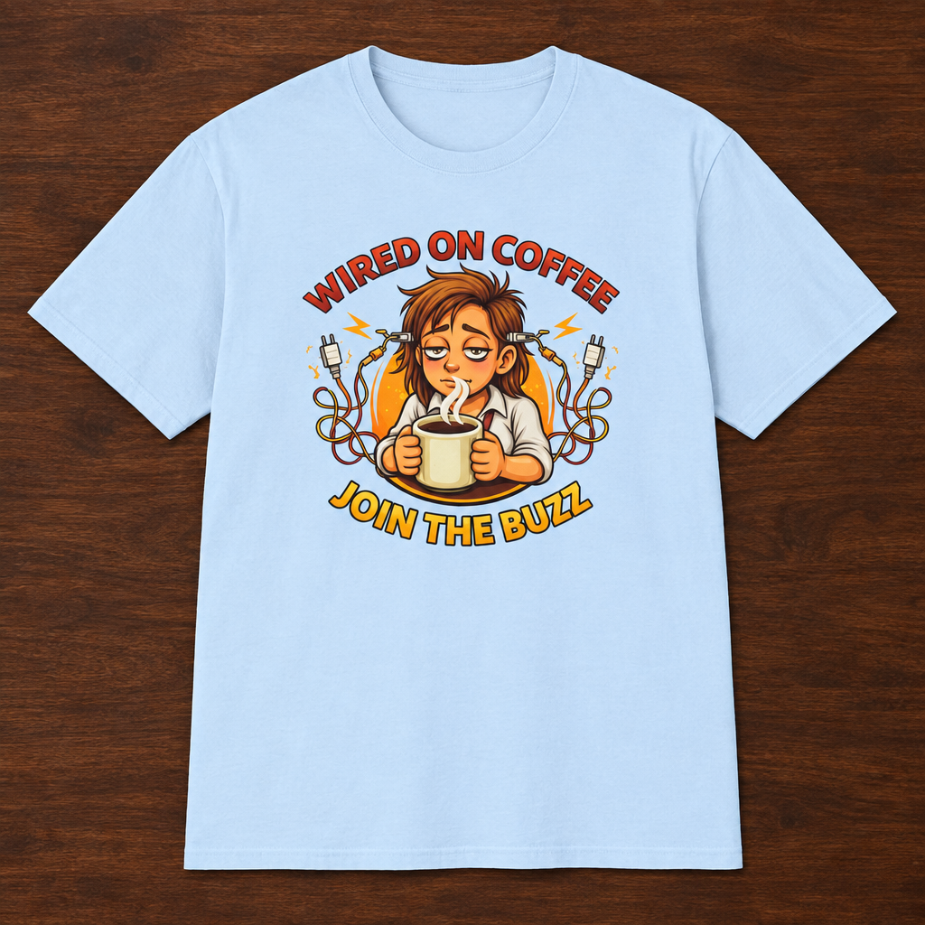Wired on Coffee T-Shirt Light Blue close-fill short-sleeve coffee-bar flat lay