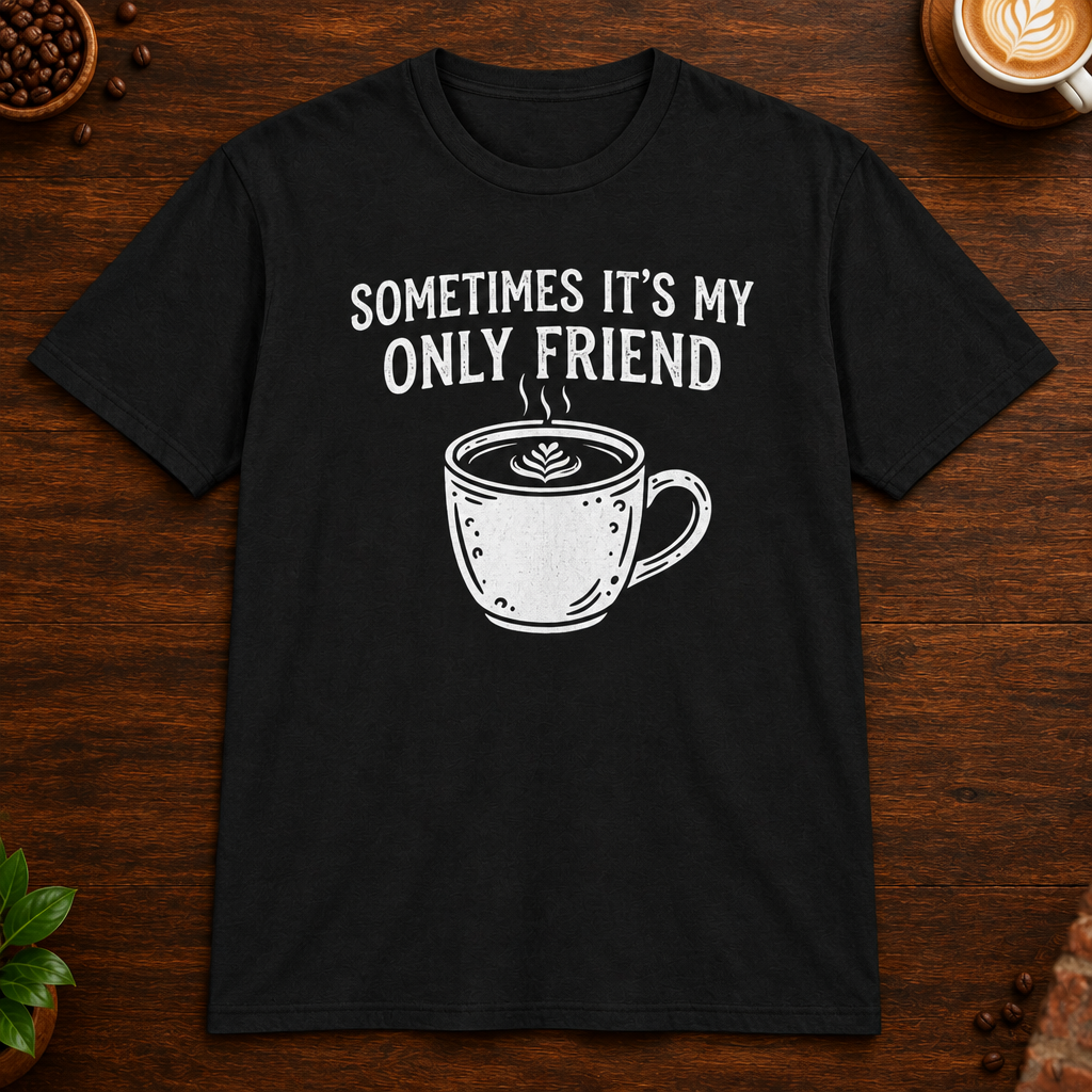Sometimes It's My Only Friend T-Shirt in Black on a dark wood coffee bar