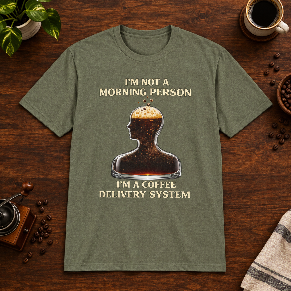 Not a Morning Person T-Shirt Heather Military Green short-sleeve coffee-bar flat lay