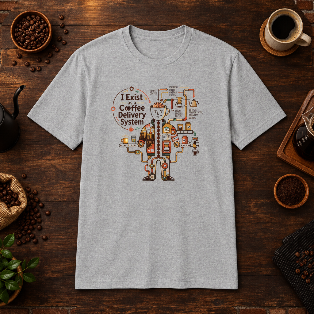 Coffee Delivery System T-Shirt in Sport Grey, coffee bar flat lay mockup