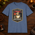 Coffee is My Safe Space T-Shirt in Heather Indigo, zoomed lifestyle mockup