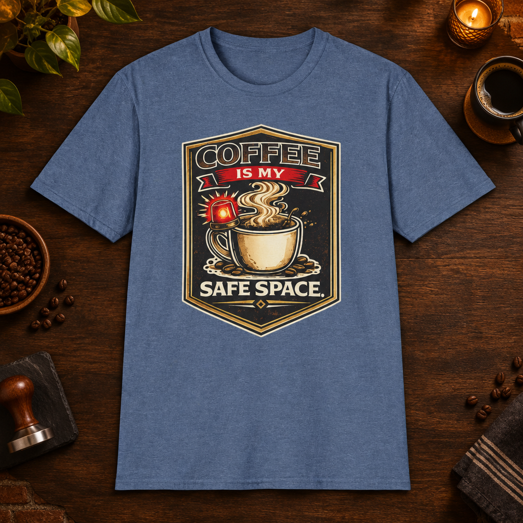 Coffee is My Safe Space T-Shirt in Heather Indigo, zoomed lifestyle mockup